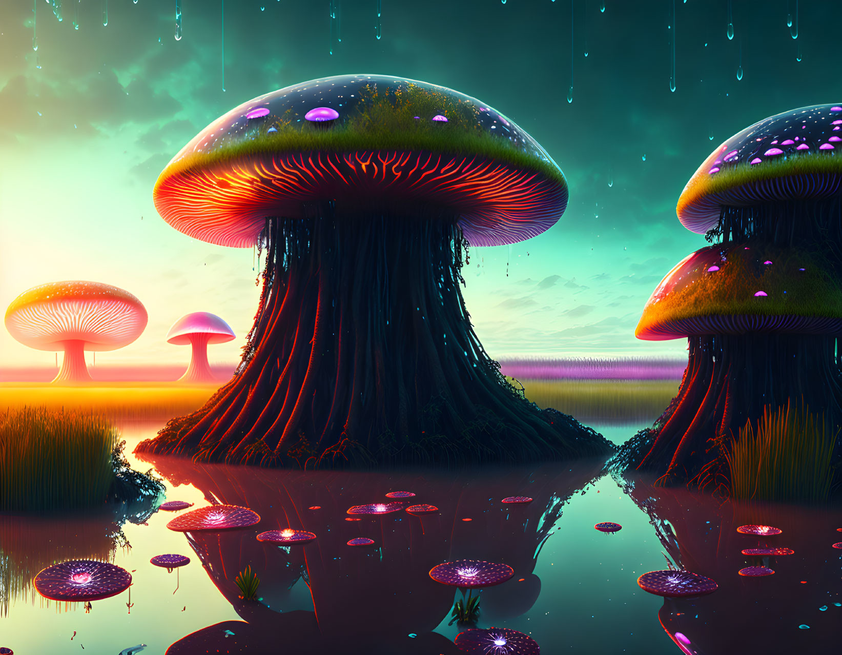 Bioluminescent mushrooms in fantasy landscape with twilight sky and water reflection