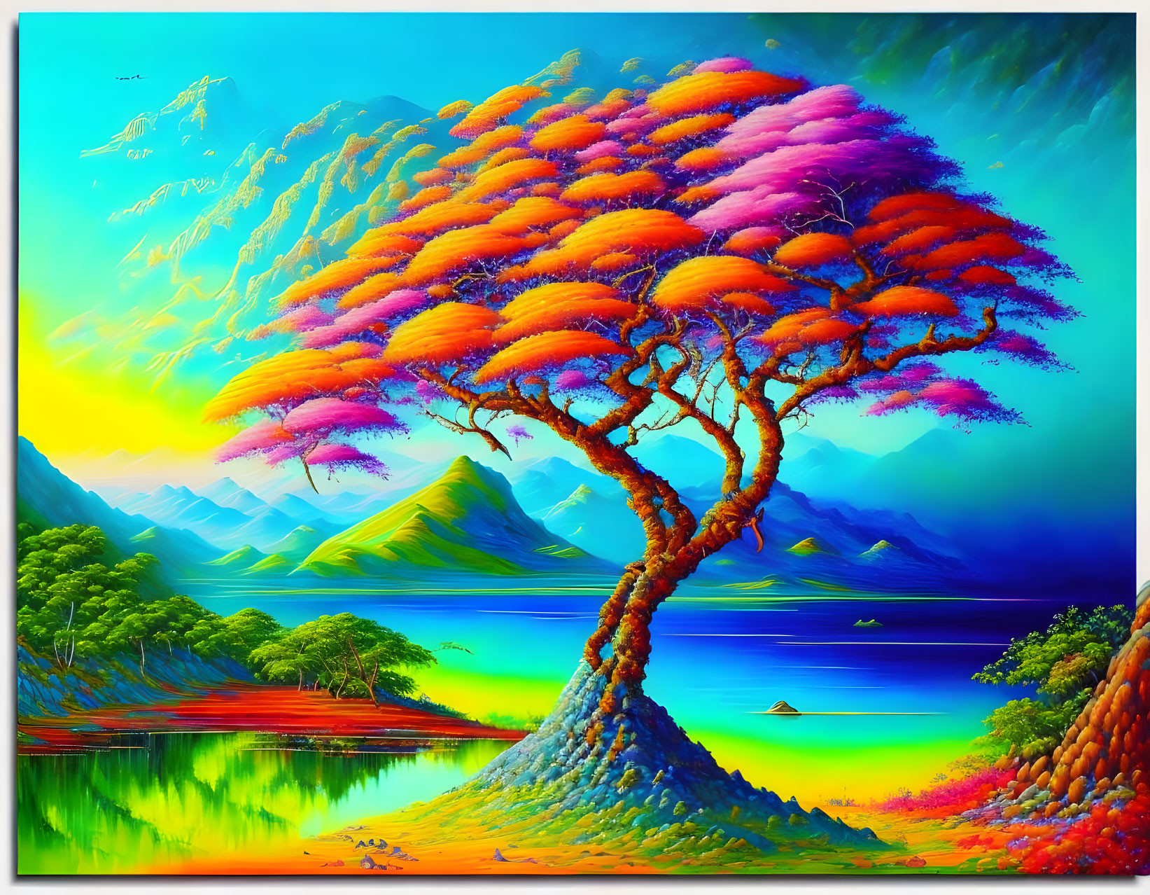 Colorful Landscape Painting: Twisted Tree, Blue Lake, Mountain Range