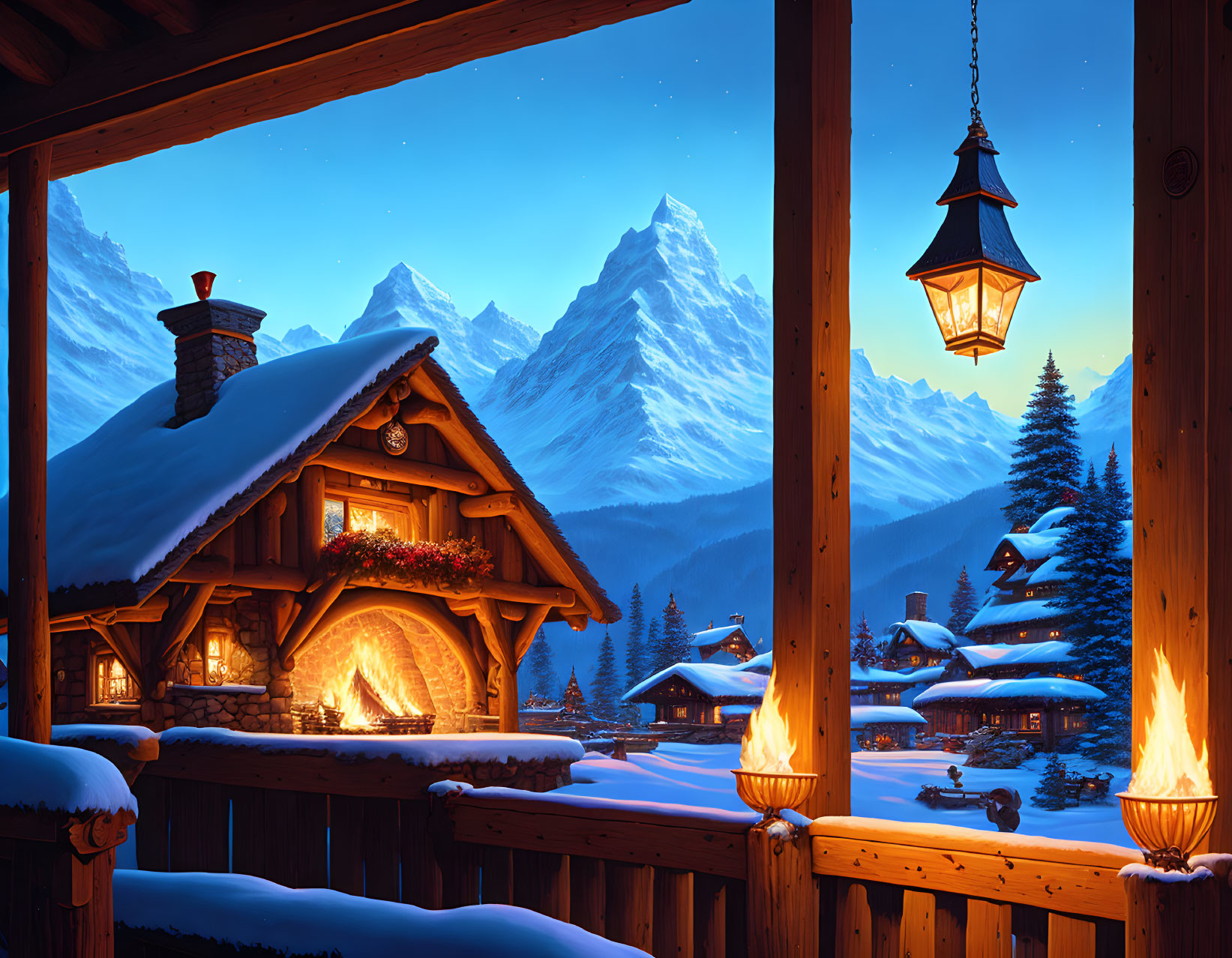 Snow-covered chalet with hanging lantern & starry night sky
