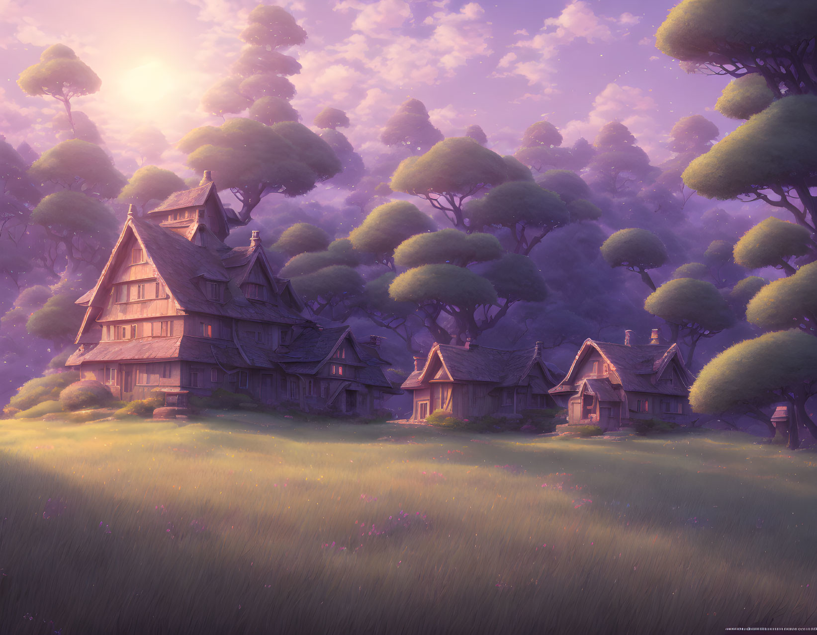 Fantasy Landscape: Sunset with Medieval Cottages & Glowing Trees