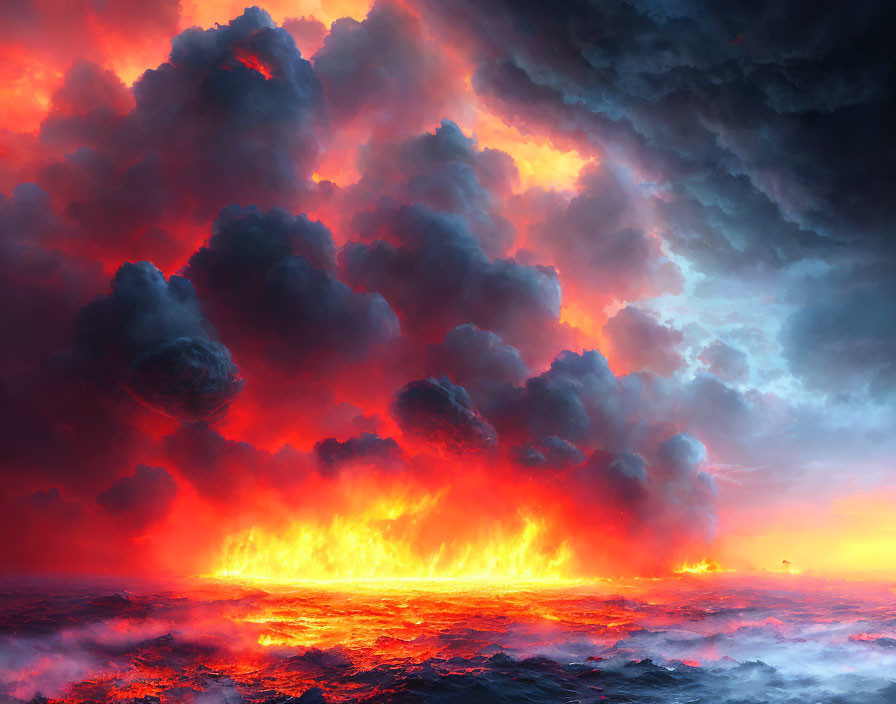 Tumultuous sea with fiery red and orange hues under stormy sky