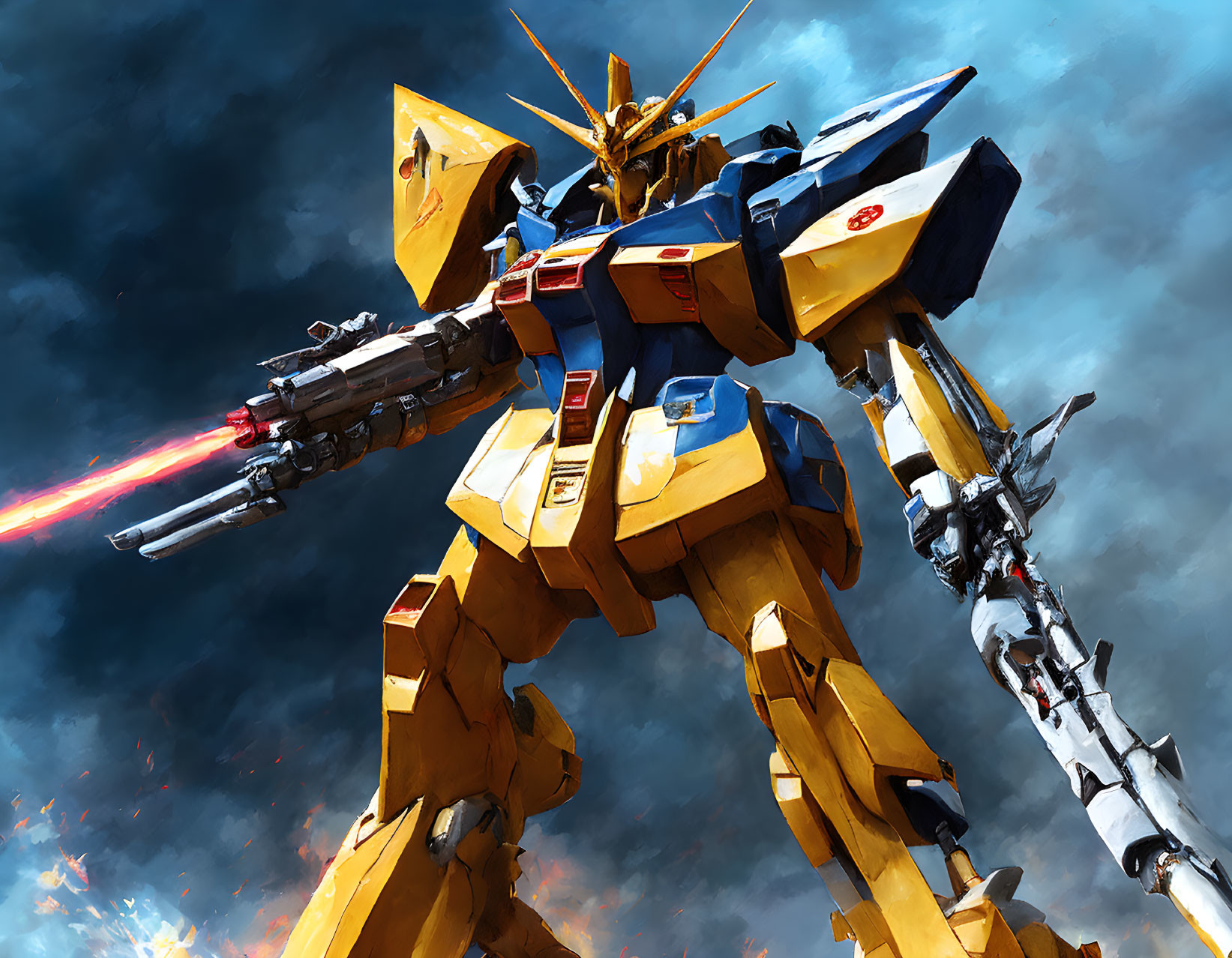 Giant yellow and blue robot shooting red beam under cloudy sky