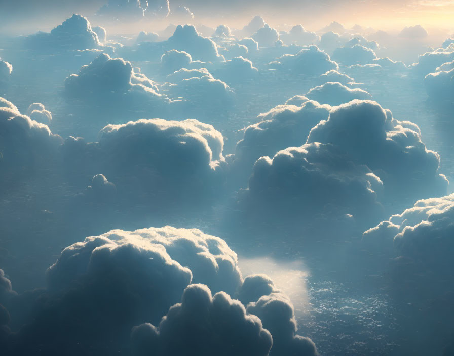Sunlit fluffy clouds in serene aerial view