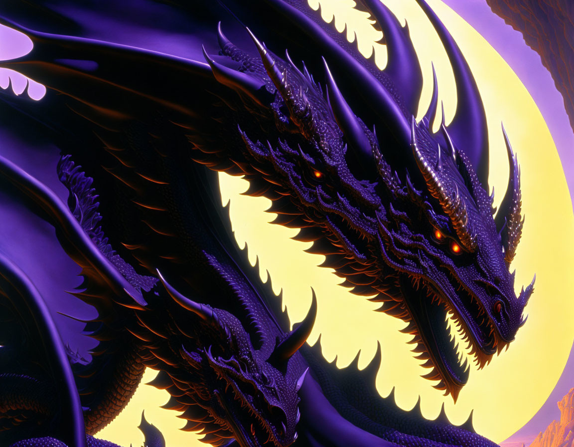 Purple multi-headed dragon with red eyes under yellow moon.
