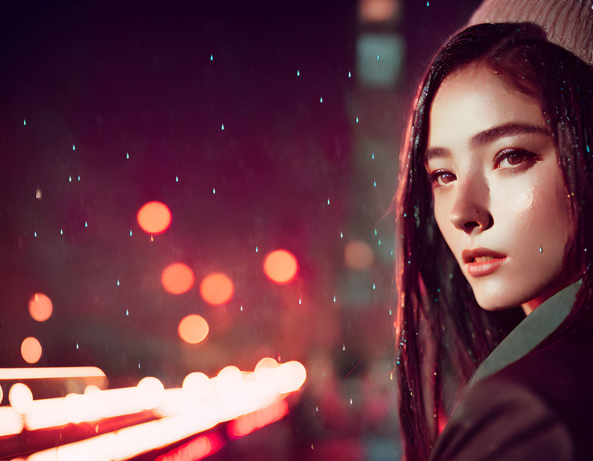 Woman under night sky with falling snowflakes and blurred city lights