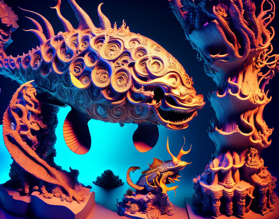 Colorful 3D artwork of glowing fish on blue background
