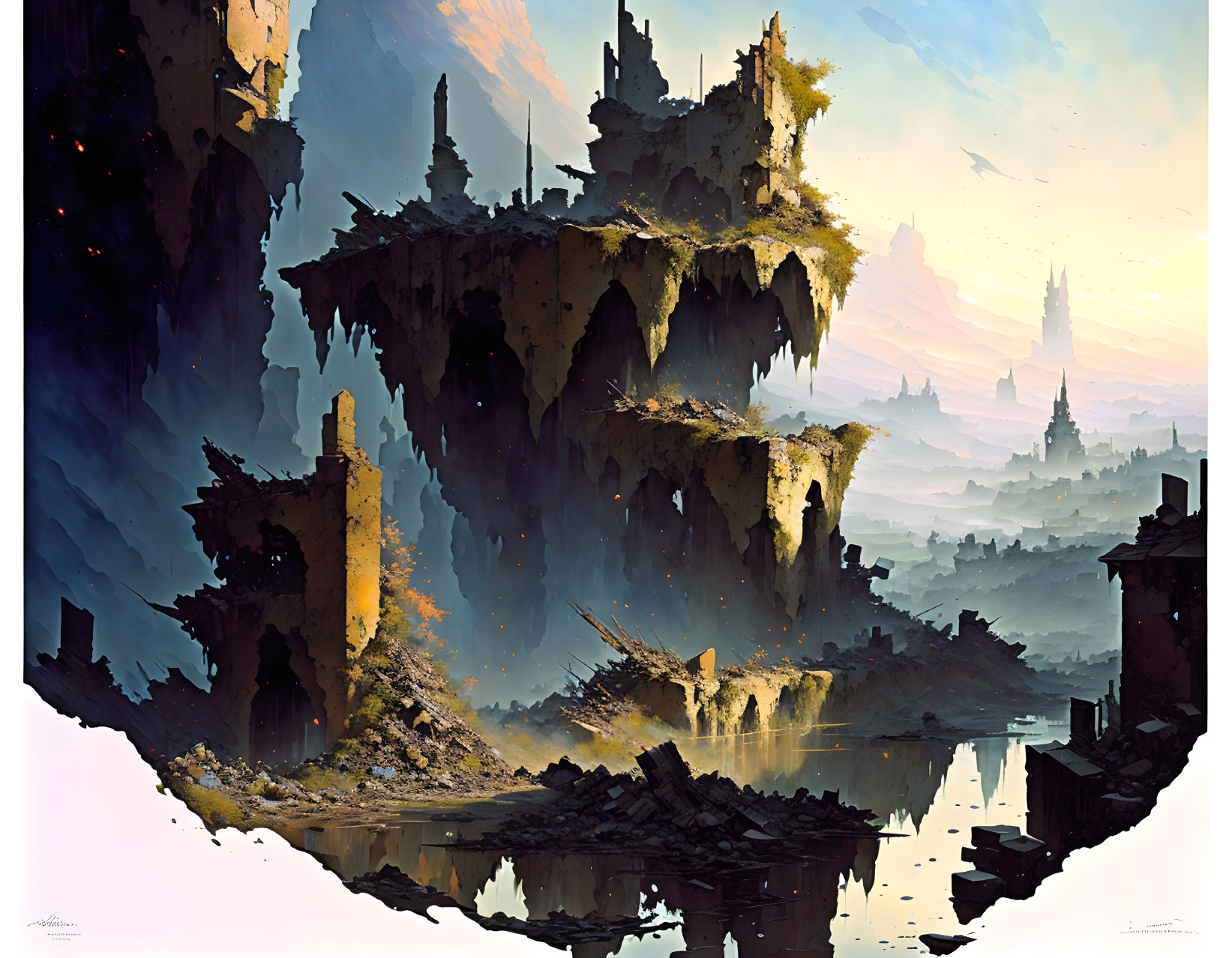 Fantastical landscape with towering spires and ancient structures by tranquil water
