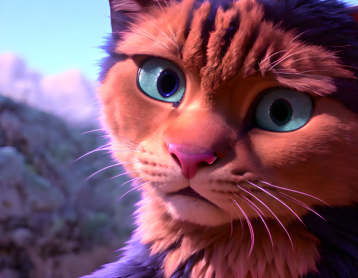 Detailed 3D-animated cat with blue eyes and orange fur