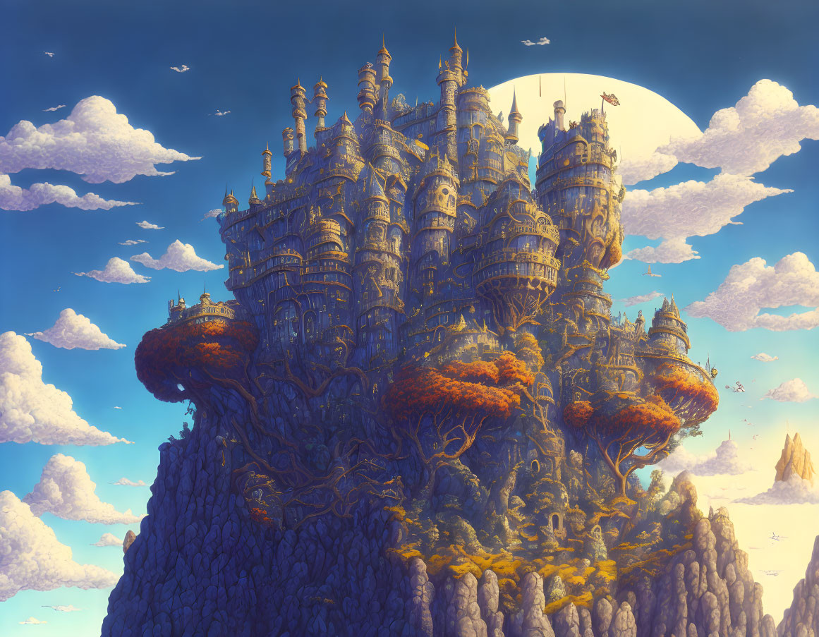 Fantastical castle on floating island with autumn trees under moonlit sky