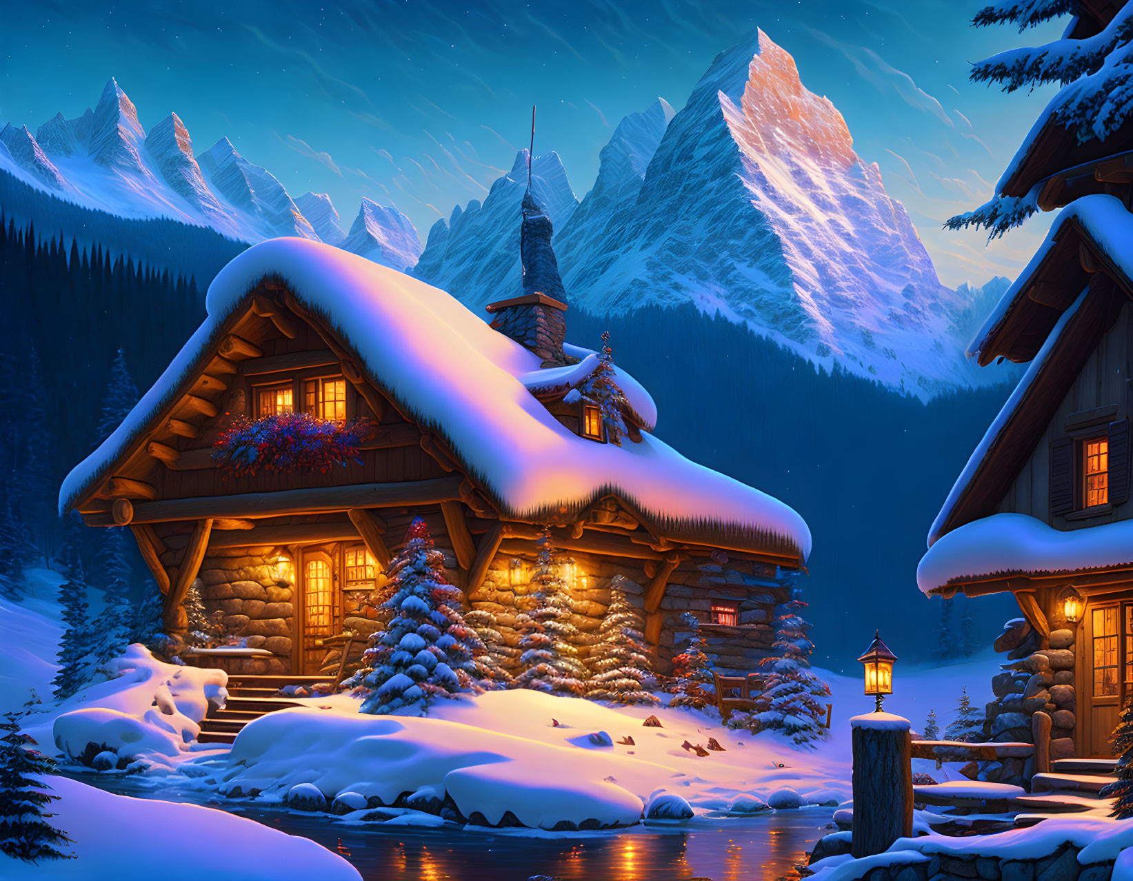 Snow-covered log cabin in tranquil winter landscape with illuminated roof.
