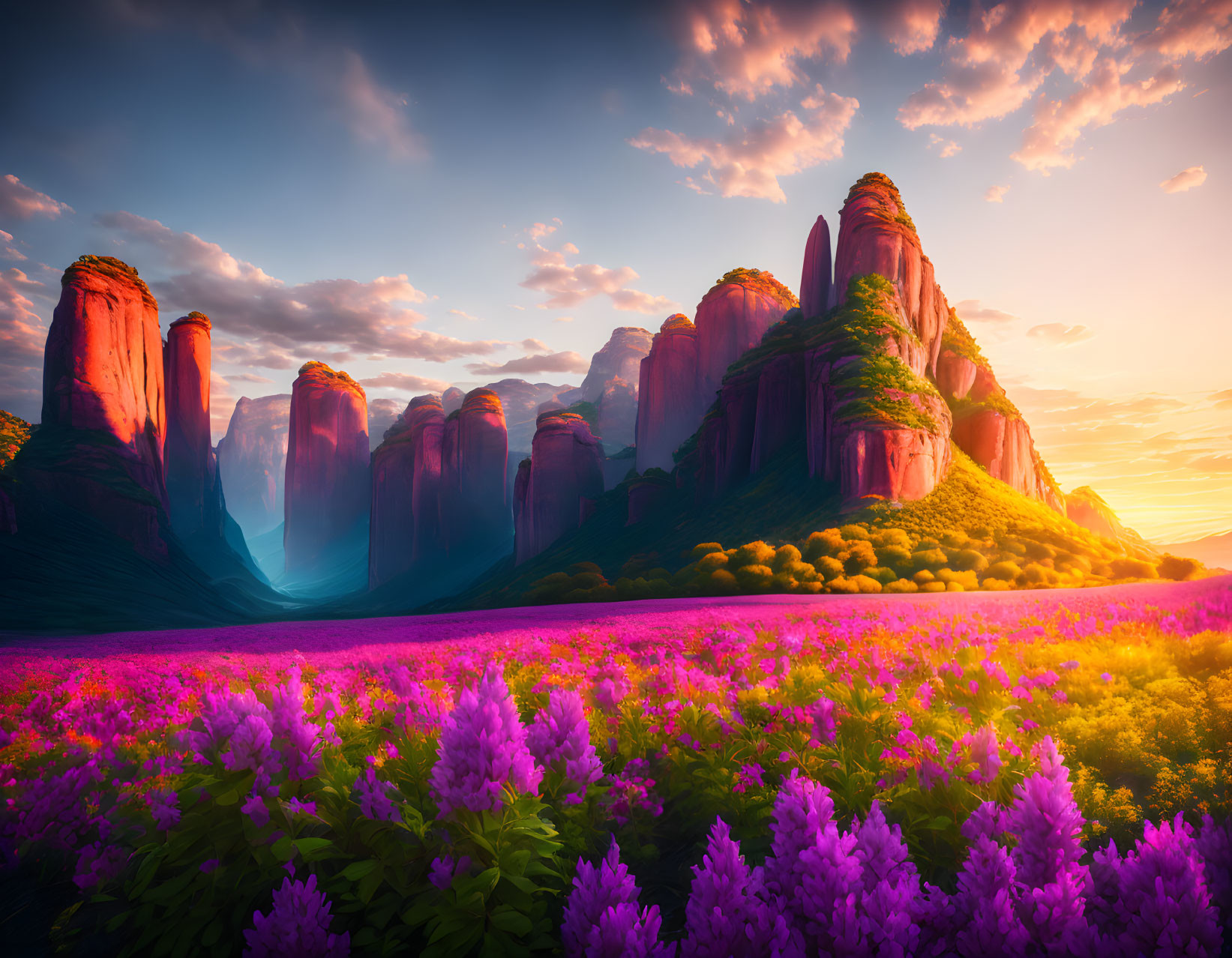 Majestic red rock formations under colorful sunrise sky with vibrant purple wildflowers