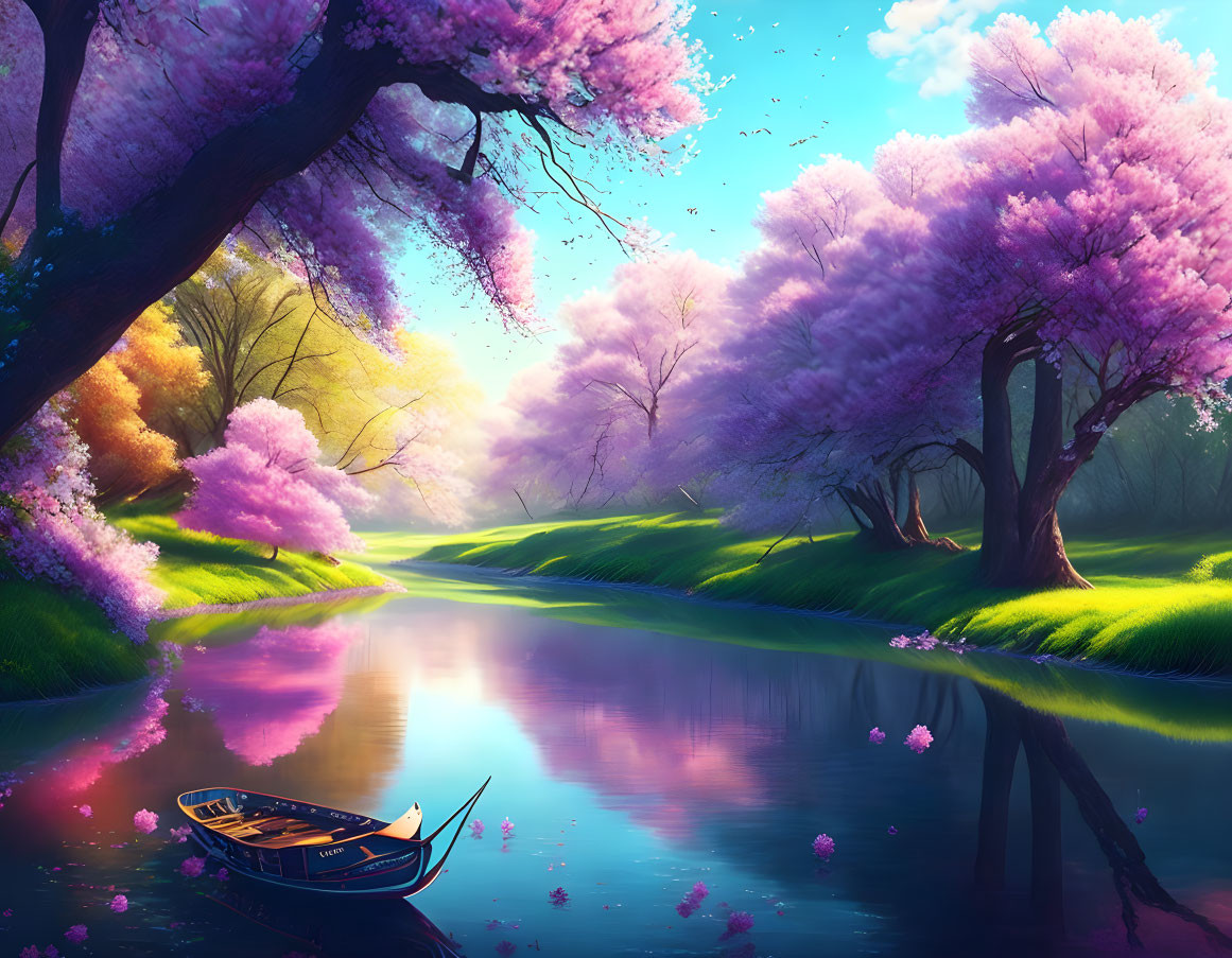 Tranquil River Scene with Pink Cherry Trees and Boat