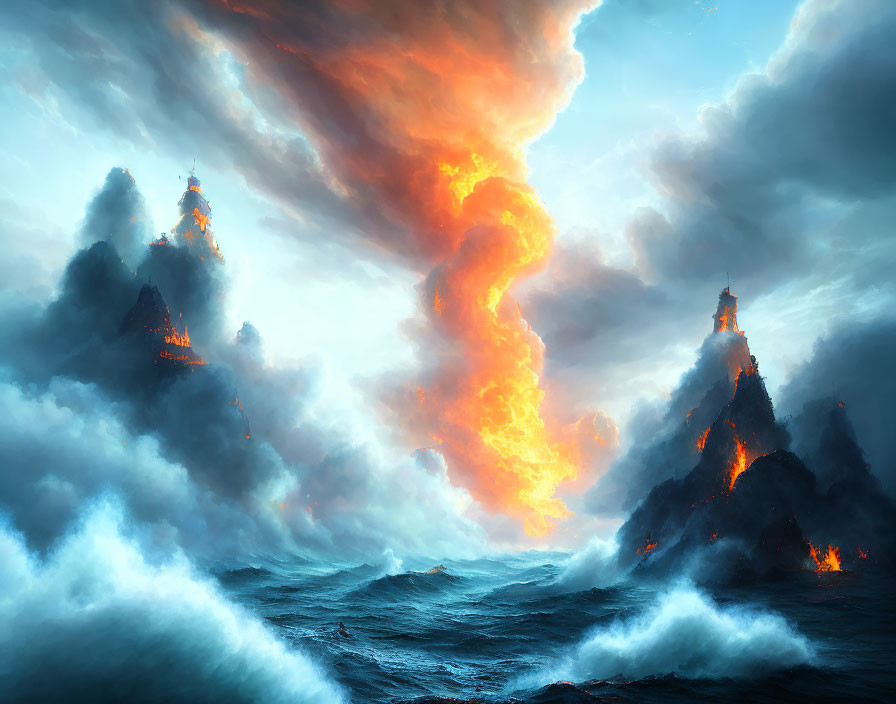 Volcanic islands erupting in stormy sea with lava-lit clouds