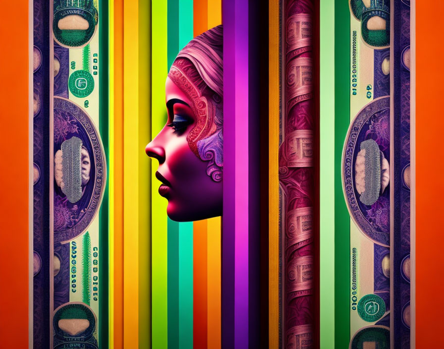 Vibrant portrait of a woman with profile divided by colorful vertical bars and currency motifs