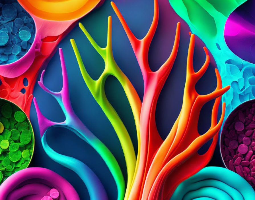 Vibrant abstract digital art: fluid shapes, vibrant colors, organic and coral-like structures