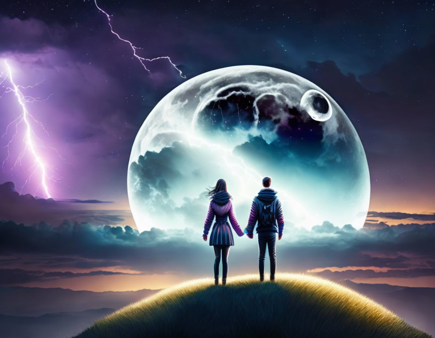 a girl and her lover standing on a hill,with moon 
