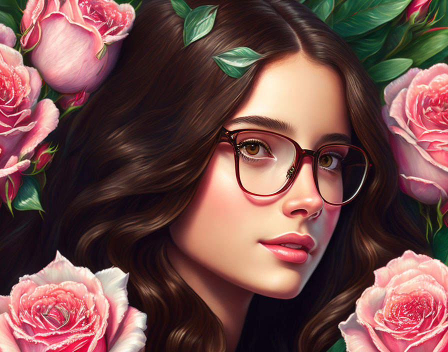 Uma mulher bonita de óculos no meio das rosas