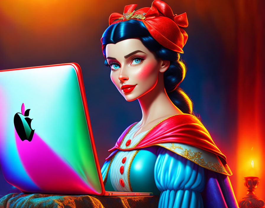 Snow White illustration with laptop merges fairy tale and tech