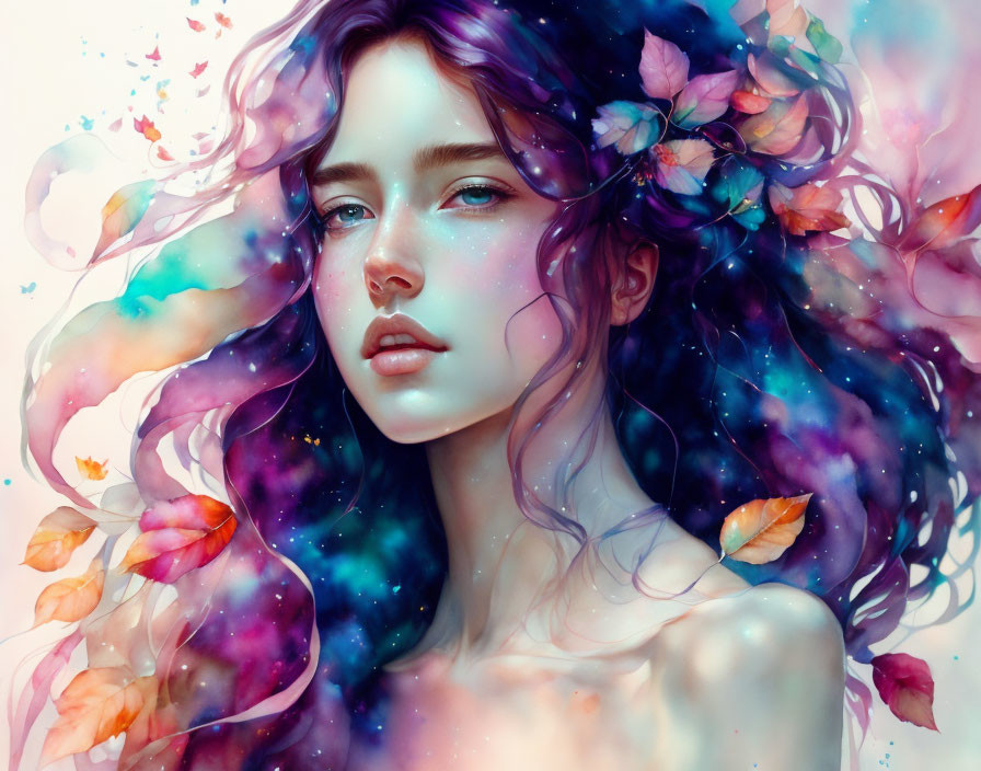 Vibrant cosmic and floral elements with a young woman and purple hair