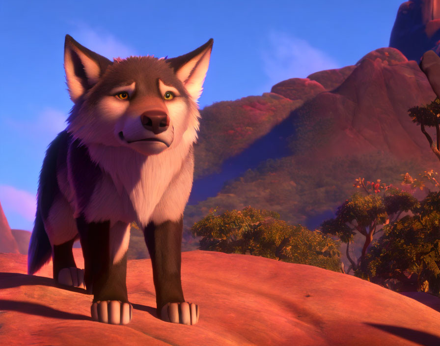 Concerned animated wolf on rocky ledge against vibrant terrain and sky