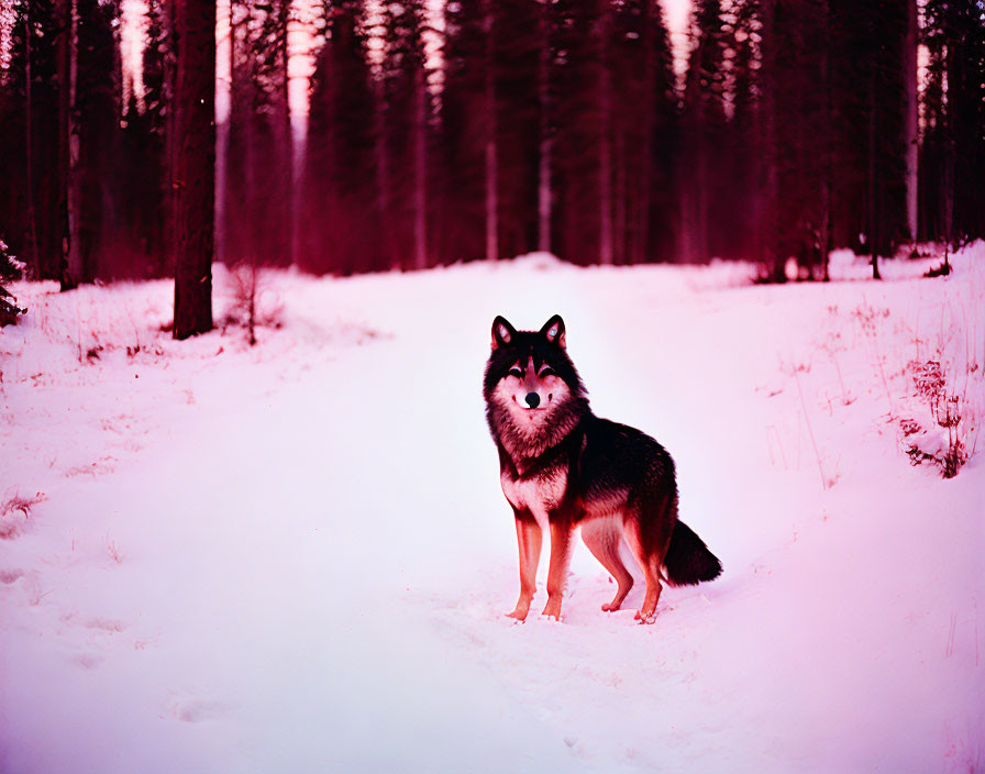 Husky dog in snowy forest at twilight with pink sky