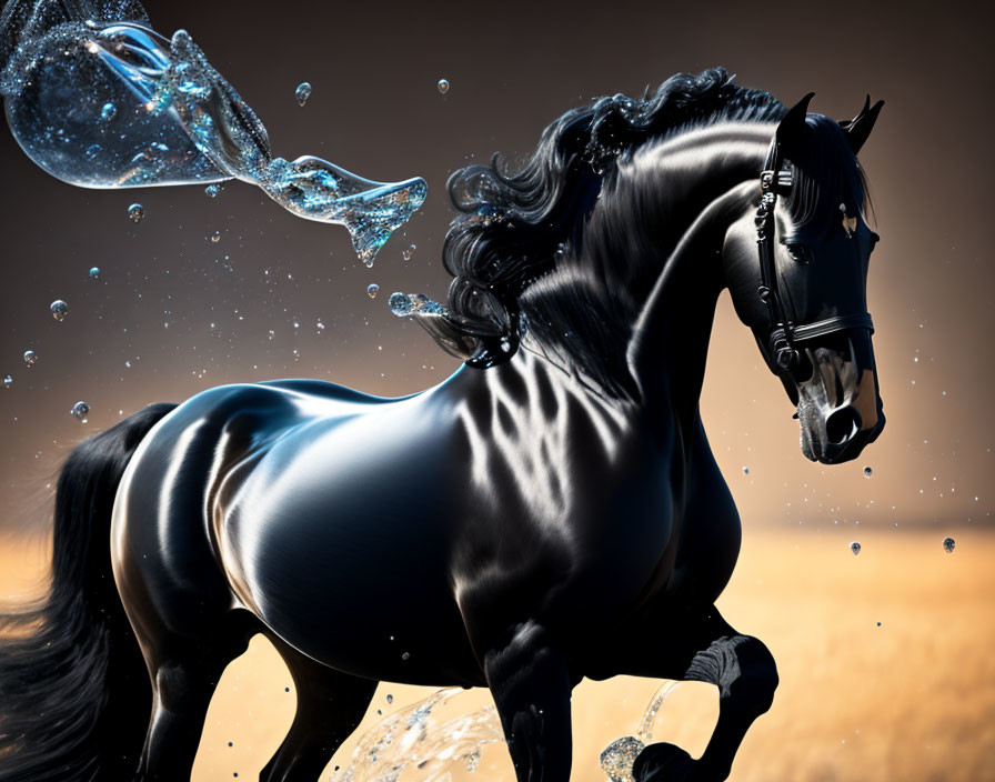 Majestic black horse mid-trot with shiny coat and bridle in dynamic scene