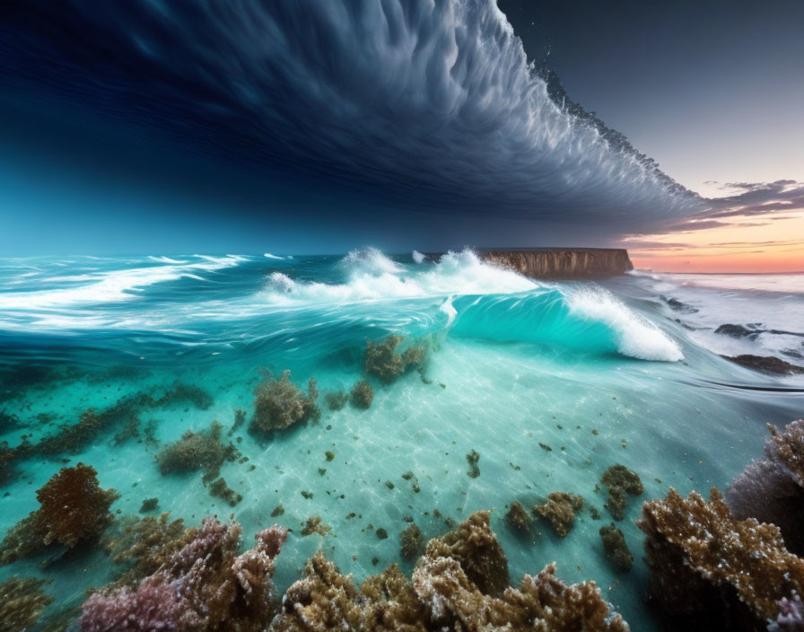 Split View of Vibrant Underwater Seascape & Dramatic Wave Against Sunset Sky