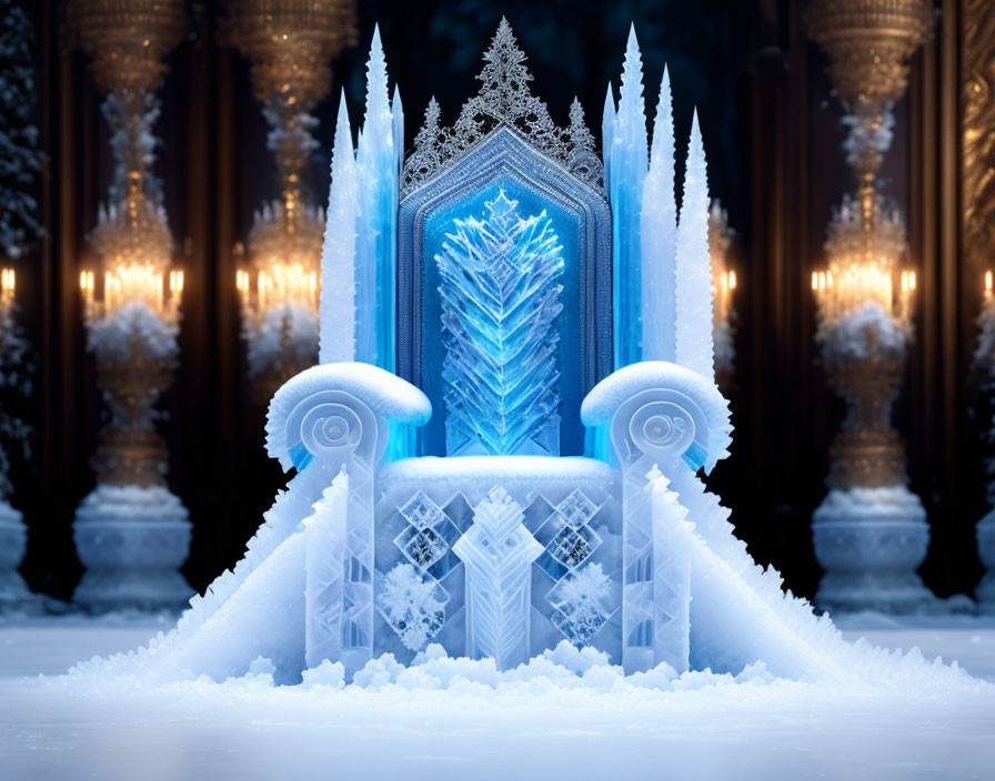 Intricate Ice Throne Surrounded by Snowy Trees