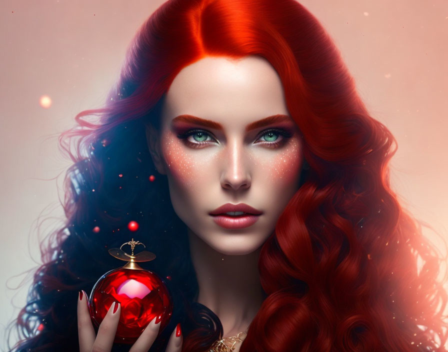 Portrait of woman with red hair and green eyes holding perfume bottle in shimmering setting