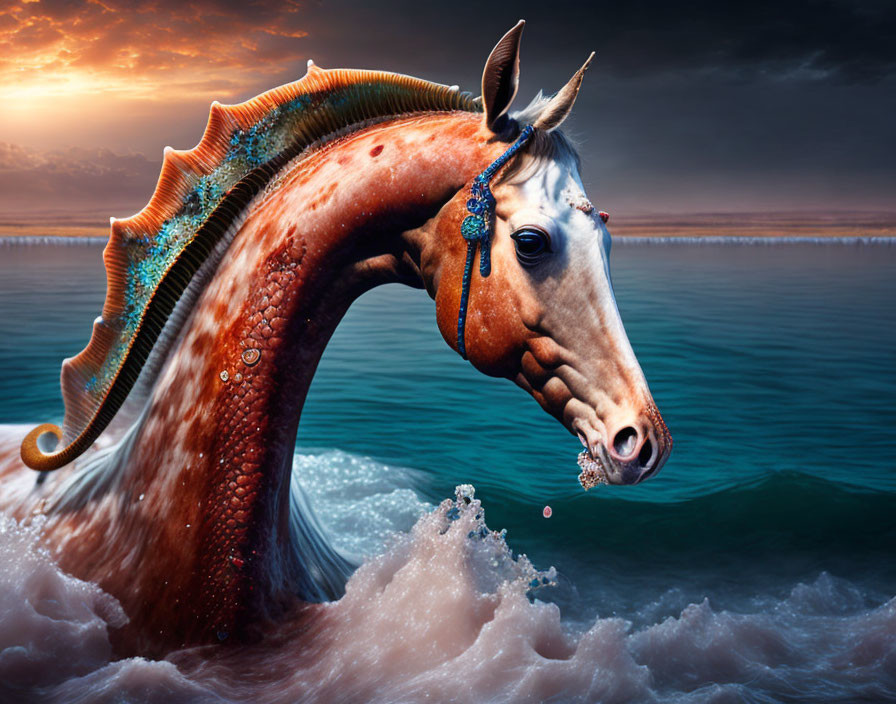 Horse with sea creature body emerging from ocean waves at sunset
