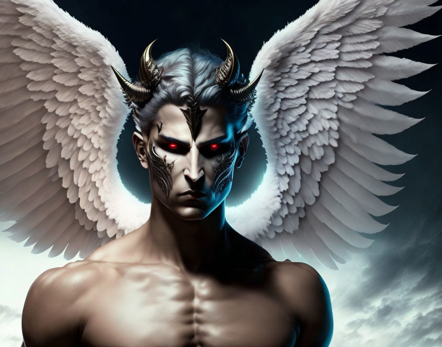 Mythical creature with angelic wings, demonic horns, red eyes, and muscular torso in storm