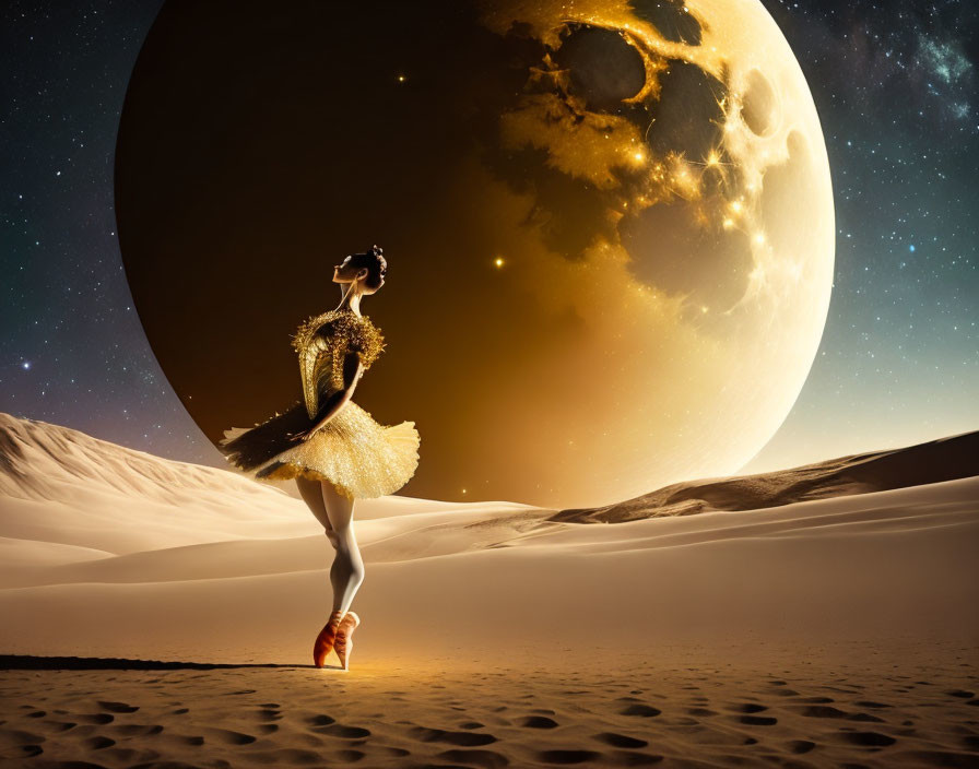Ballerina on tiptoe in desert with textured planet and stars