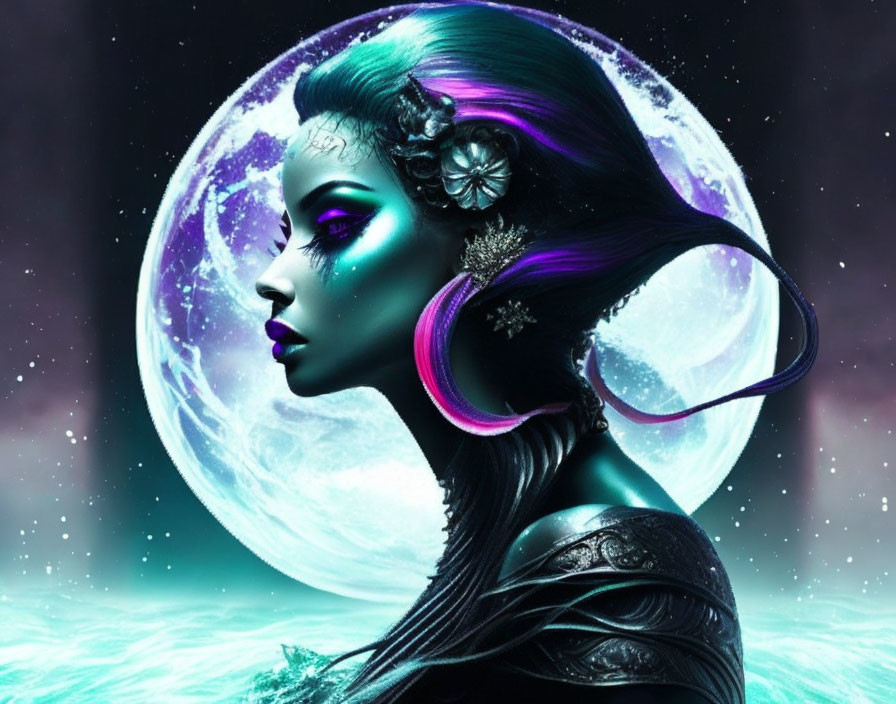 Fantasy digital art: Female character with purple hair, moon backdrop
