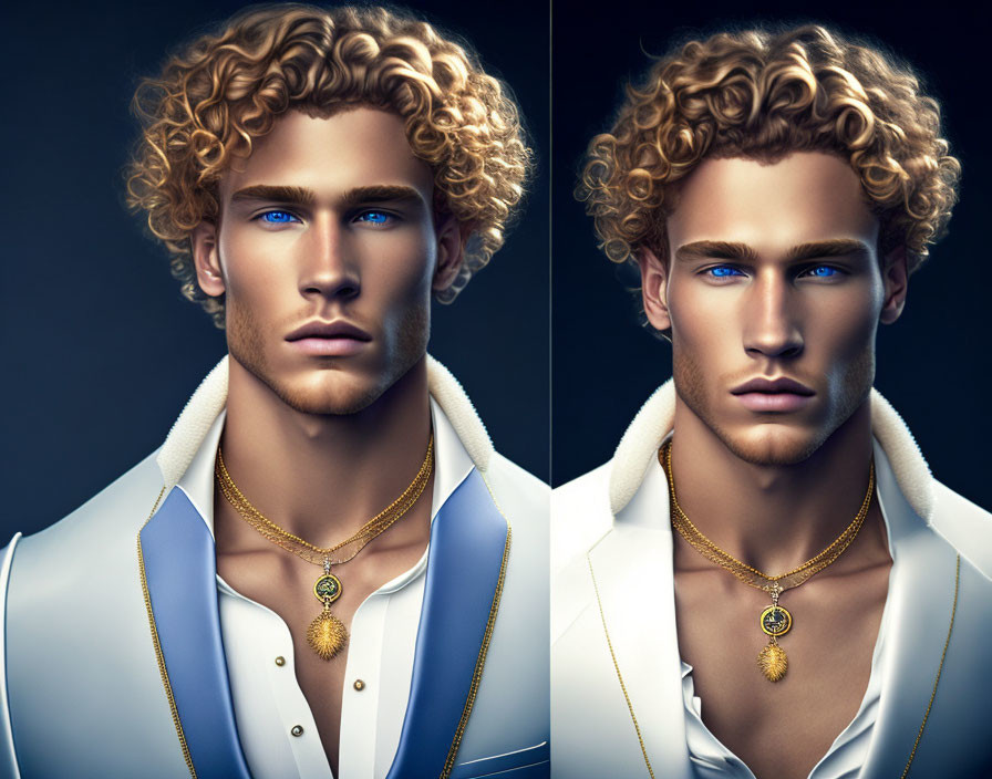 Digital artwork: Curly blonde man in white jacket on dark background