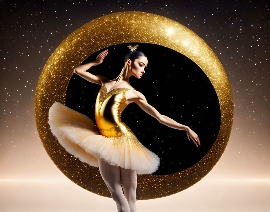 Ballerina in white and gold tutu against starry backdrop
