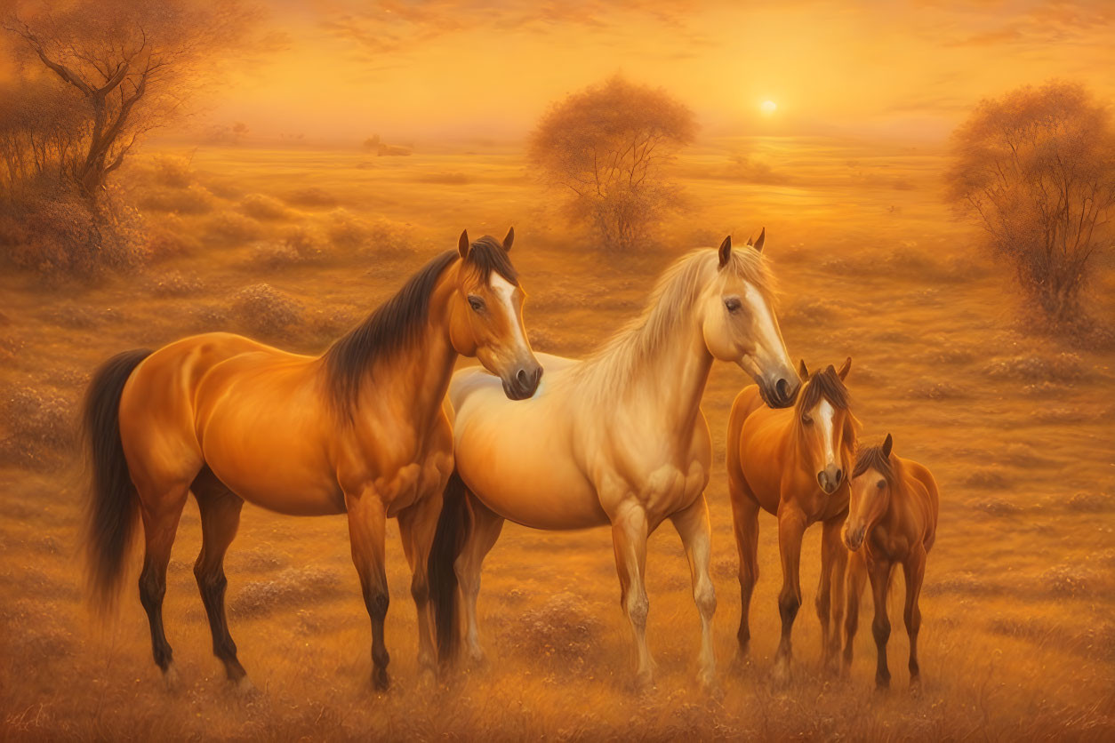 Horses in the field at sunset