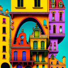 Colorful, whimsical illustration of eclectic architecture against teal sky