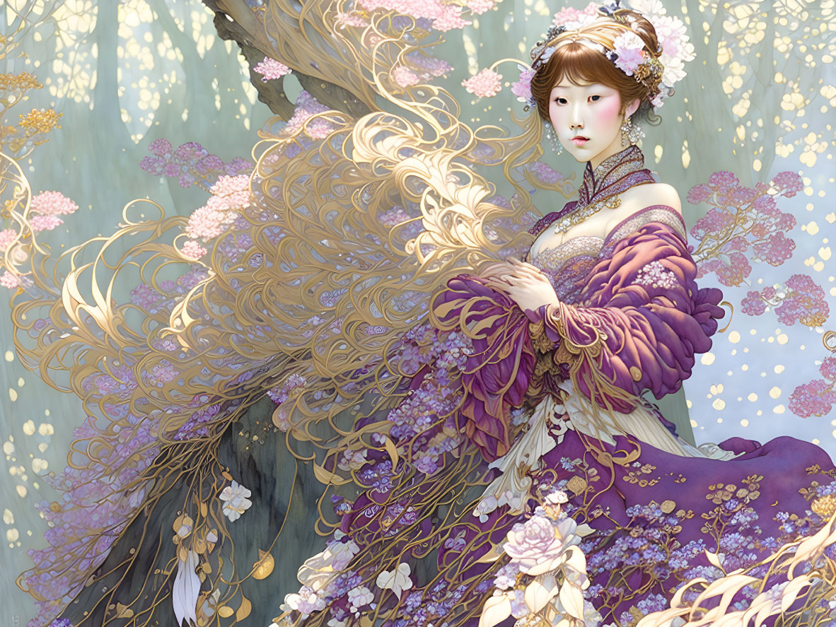 Ethereal woman with golden hair in purple gown among delicate trees