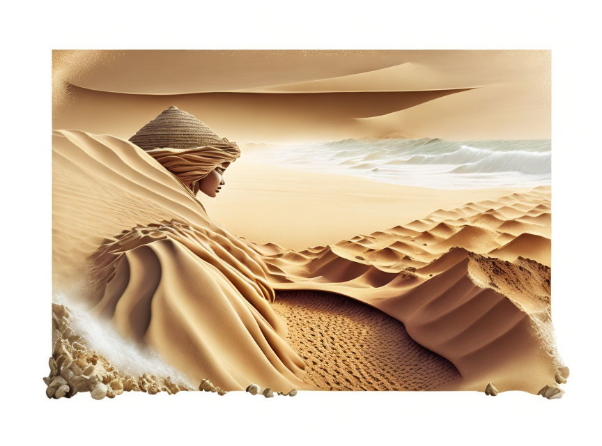 Surreal artwork: draped figure in desert landscape blending body with dunes and head with sandy peak
