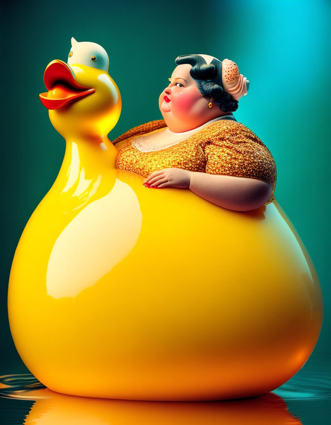 Illustration of person with beehive hair on giant yellow rubber duck against teal backdrop