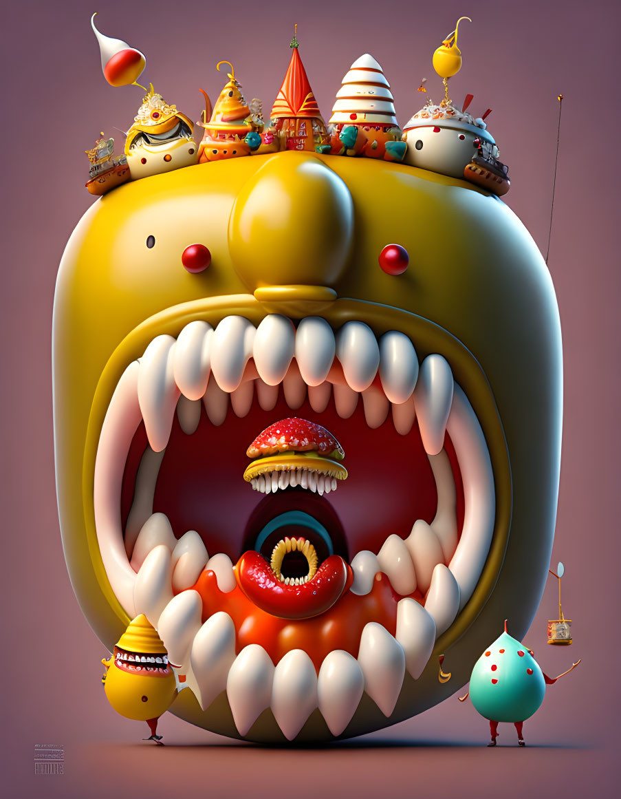 Colorful digital art: Multi-mouthed creature with buildings, eyes, and characters