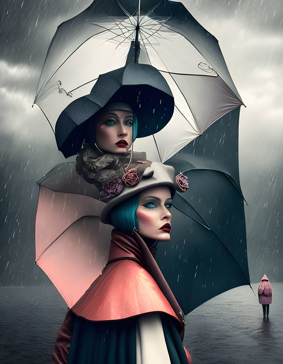 Surreal illustration: Two women with umbrellas in stormy seascape