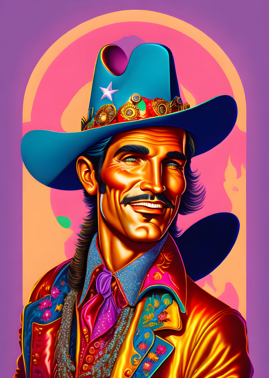 Colorful Western portrait of a man in a decorated hat and paisley outfit