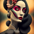 Woman's portrait with artistic makeup, textured adornments, vintage hairstyle, floral elements, ruffled collar