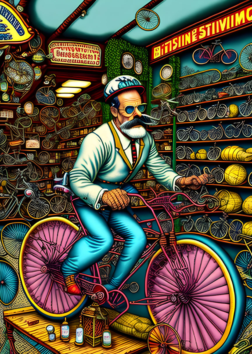 Illustration of bearded man on penny-farthing bicycle in vibrant bike shop