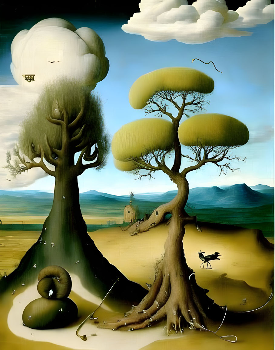 Surrealistic Painting: Stylized Trees, Whimsical Clouds, Desert Landscape