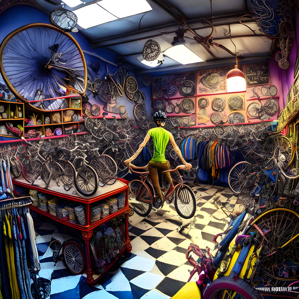 Cyclist in Green Shirt in Vibrant Bike Shop