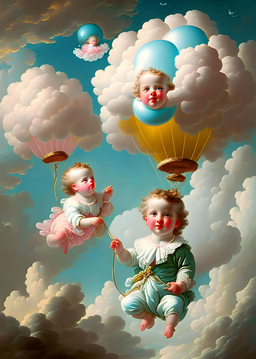 Cherubic figures in hot air balloon among clouds