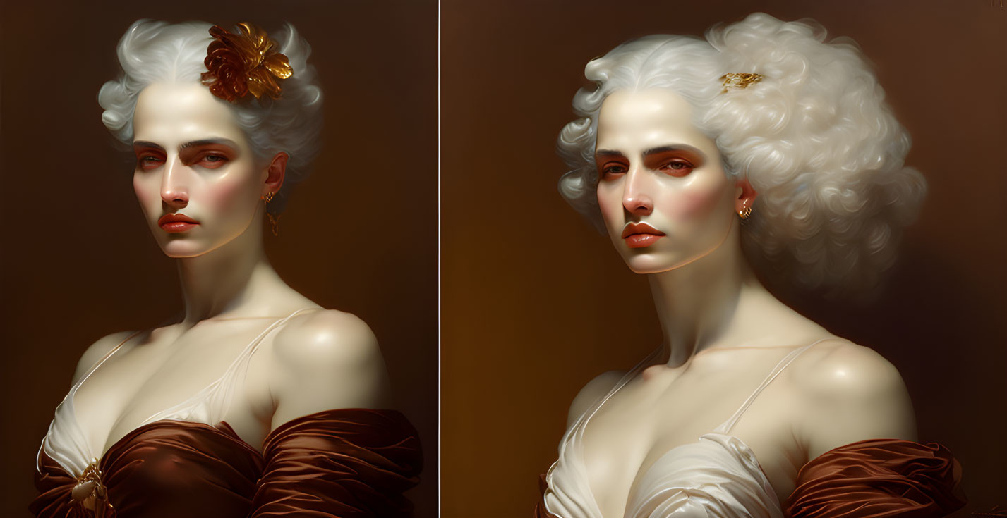 Woman depicted in digital artwork with two styles, white powdered wig, gold accessories, brown dress, against