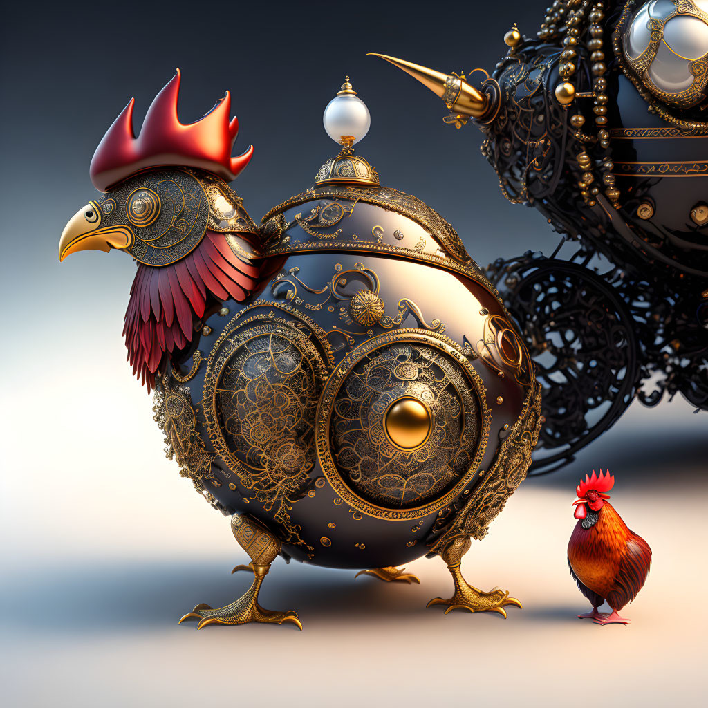 Steampunk mechanical rooster with gold and bronze details beside a live red rooster